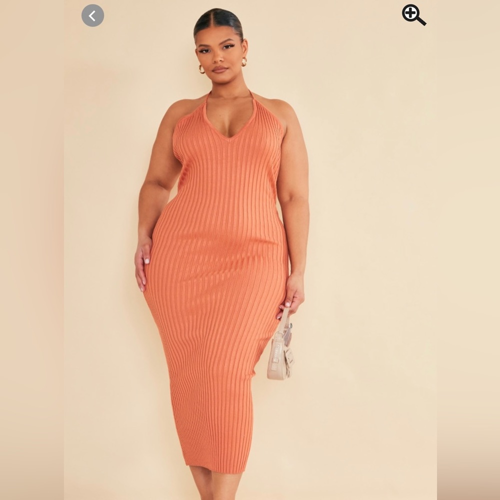 Plus Rust Knitted Plunge Maxi Dress